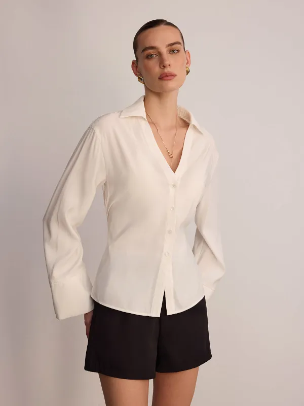 Button Front V-Neck Shirt sold by COMMENSE