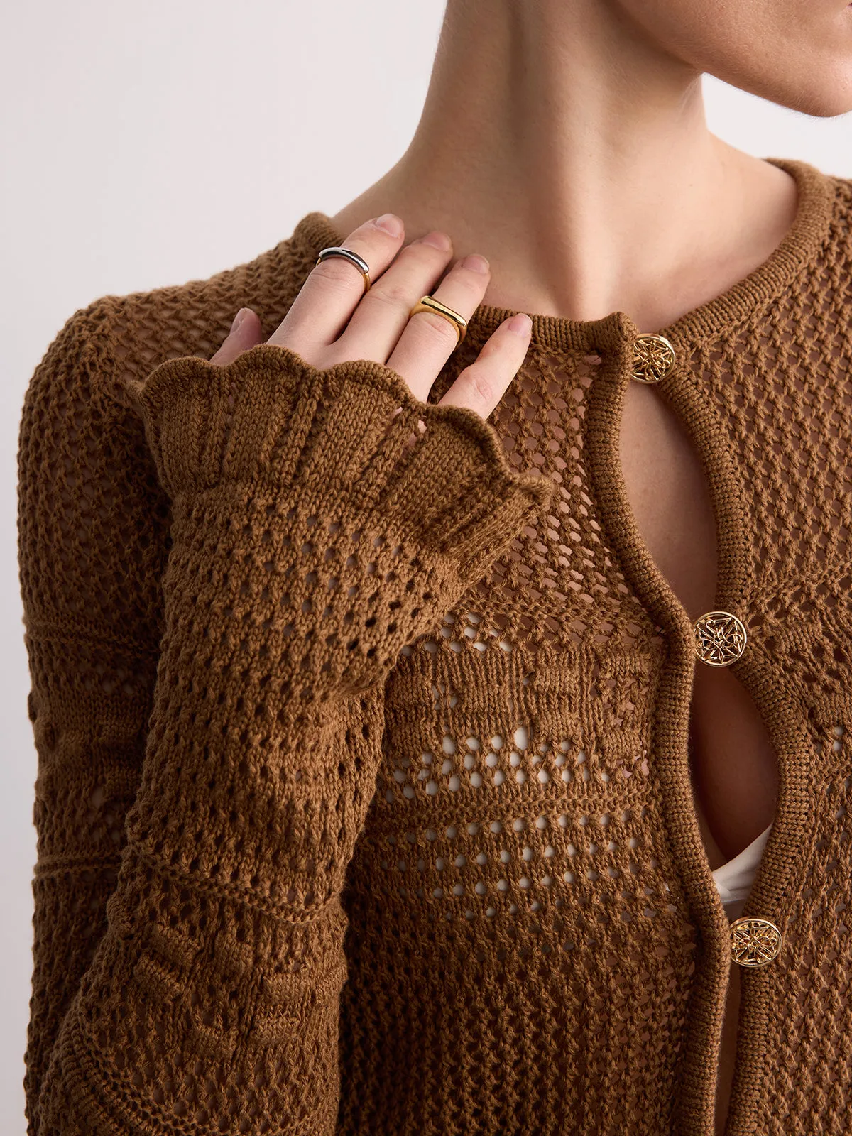 Crochet Knit Scalloped Hem Long Sleeve Cardigan sold by COMMENSE product image thumbnail 5