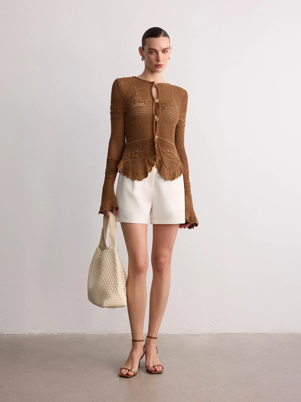Crochet Knit Scalloped Hem Long Sleeve Cardigan sold by COMMENSE product image thumbnail 2