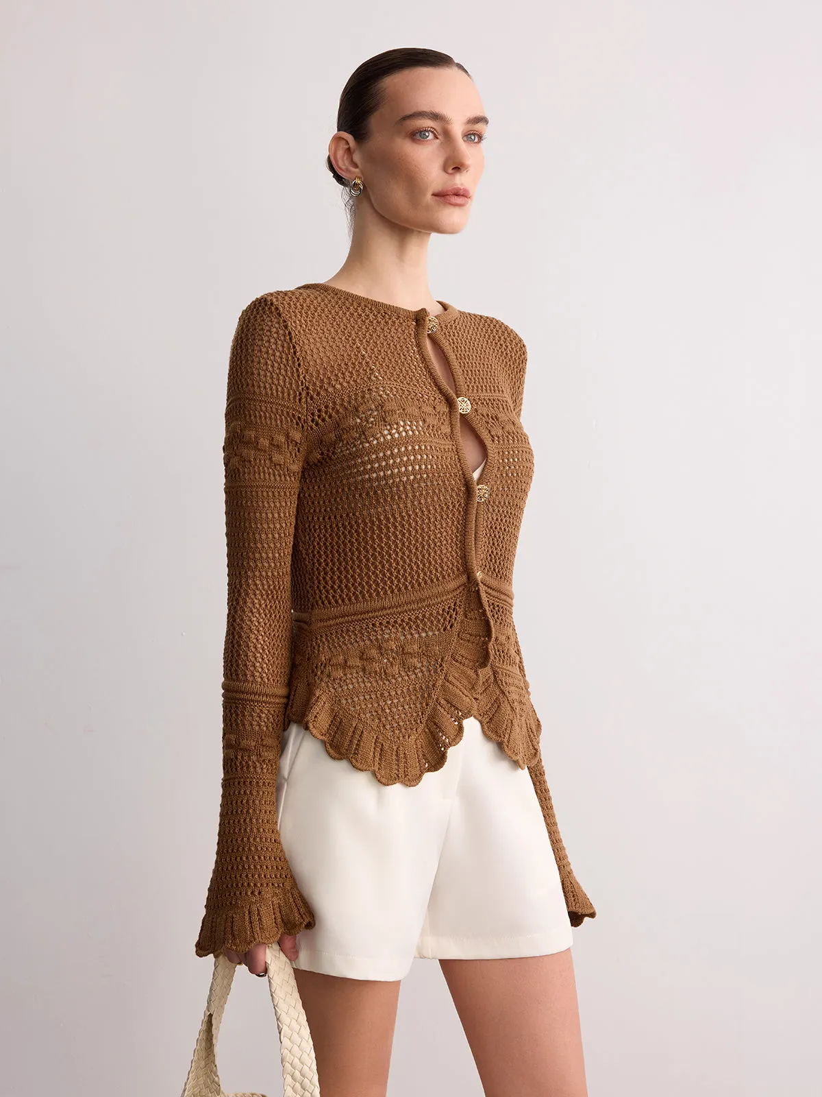 Crochet Knit Scalloped Hem Long Sleeve Cardigan sold by COMMENSE product image thumbnail 3