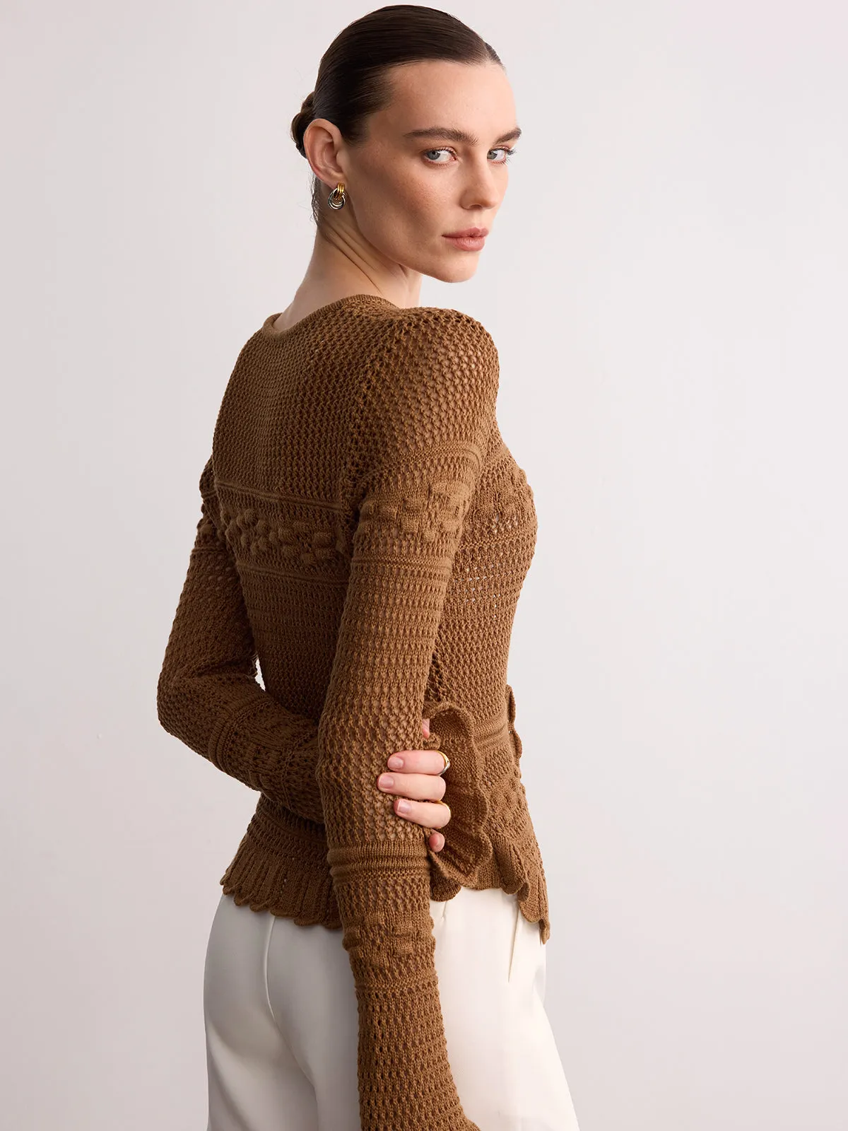 Crochet Knit Scalloped Hem Long Sleeve Cardigan sold by COMMENSE product image thumbnail 4
