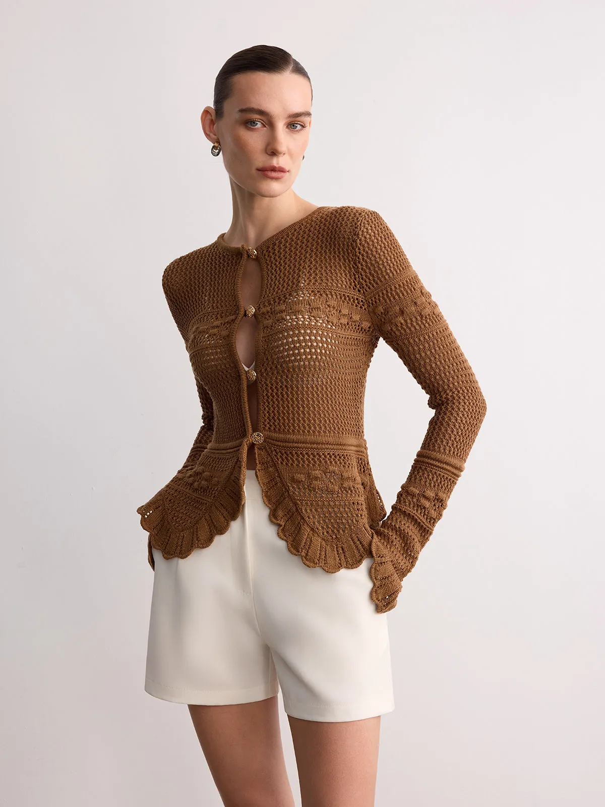 Crochet Knit Scalloped Hem Long Sleeve Cardigan sold by COMMENSE