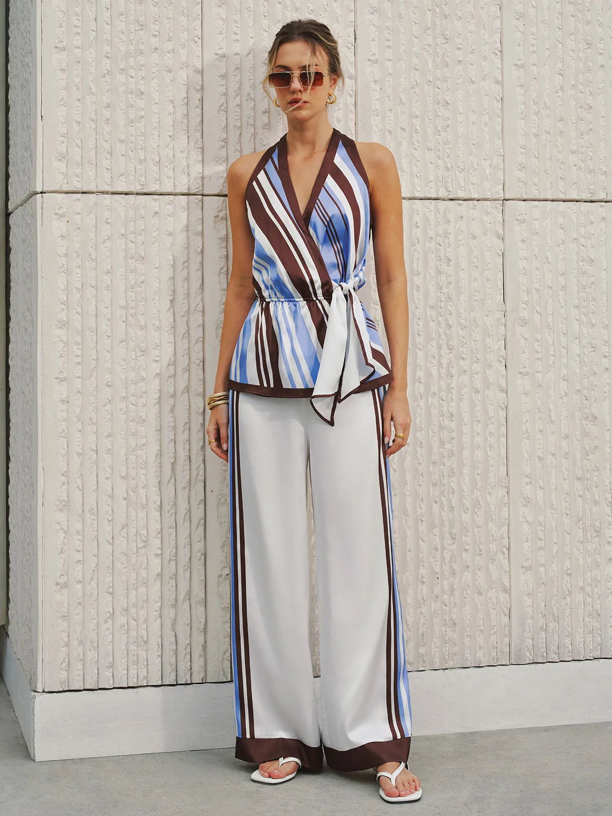 Halter Striped Satin Tie-Waist Blouse sold by COMMENSE product image thumbnail 3