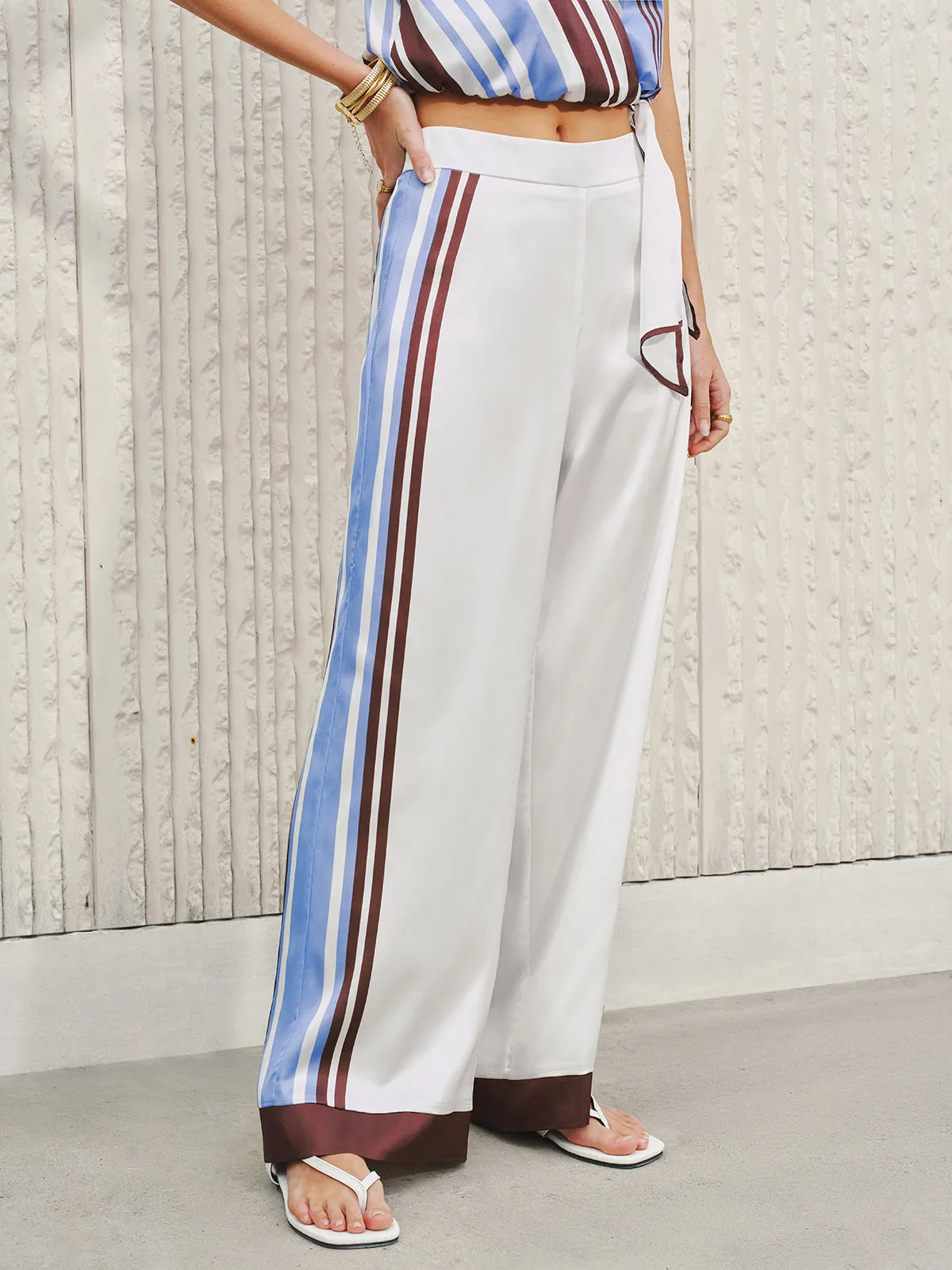 Side Stripe Satin Wide-Leg Pants sold by COMMENSE