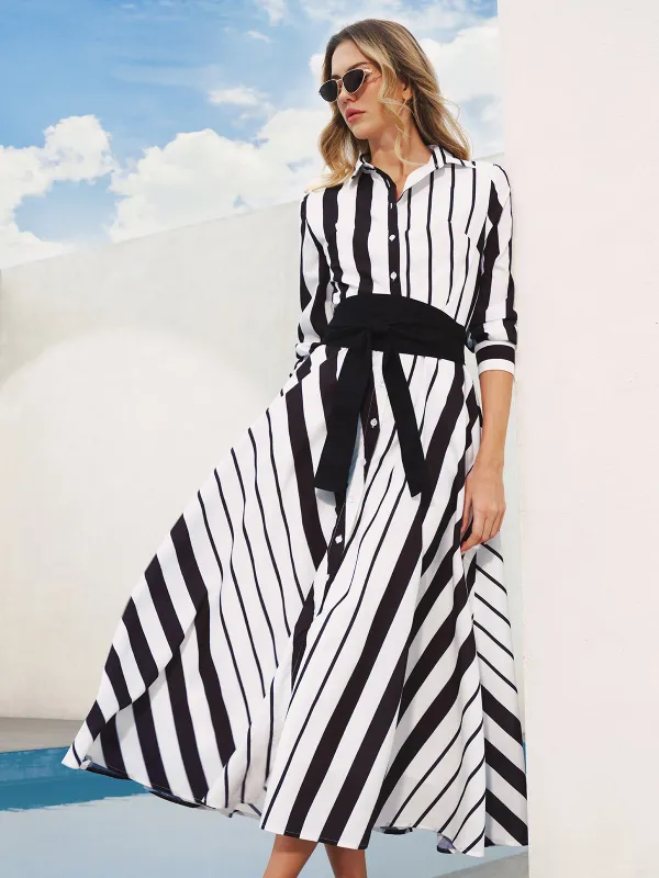 Striped Belted Shirt Midi Dress sold by COMMENSE