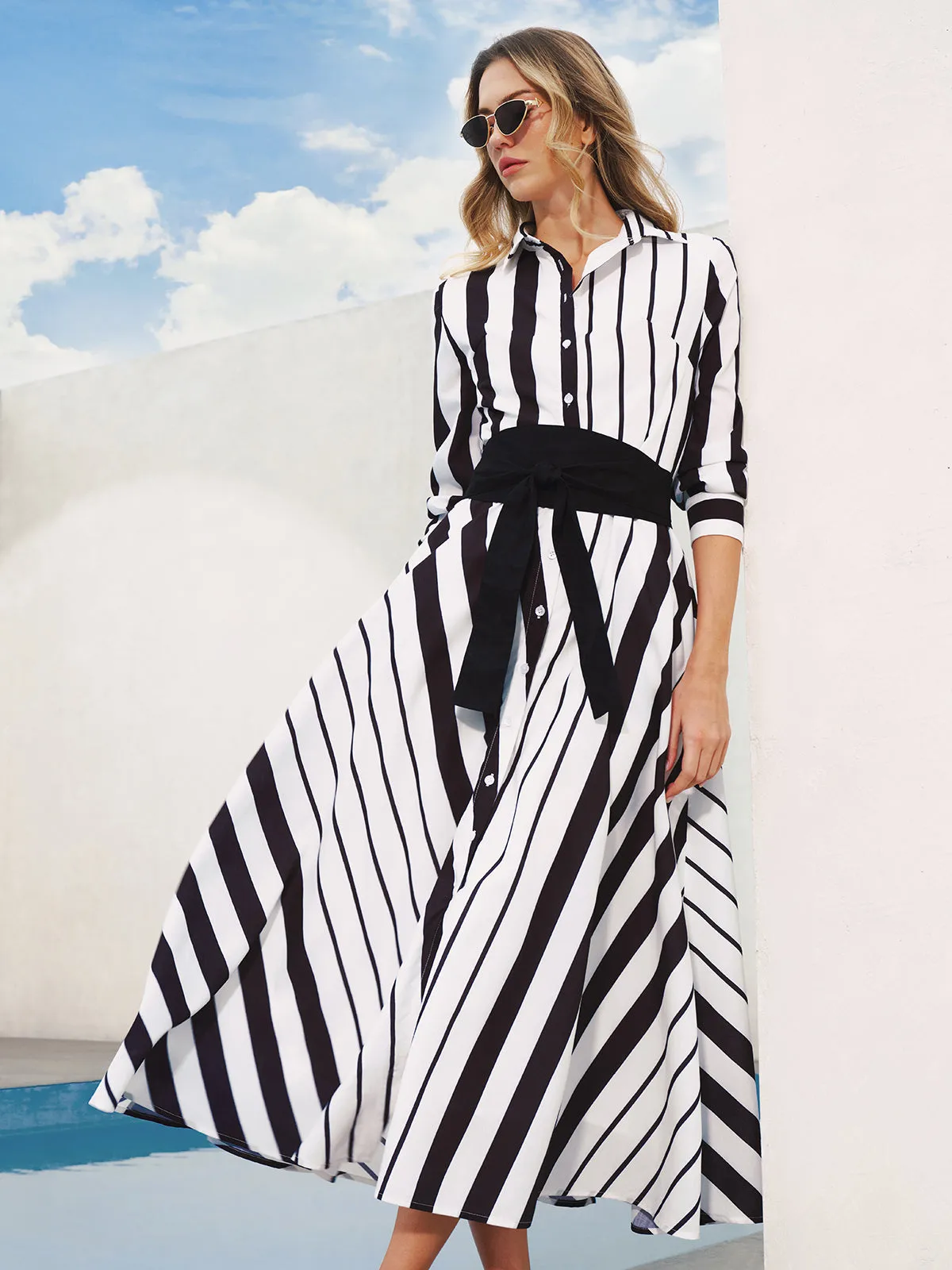 Striped Belted Shirt Midi Dress sold by COMMENSE