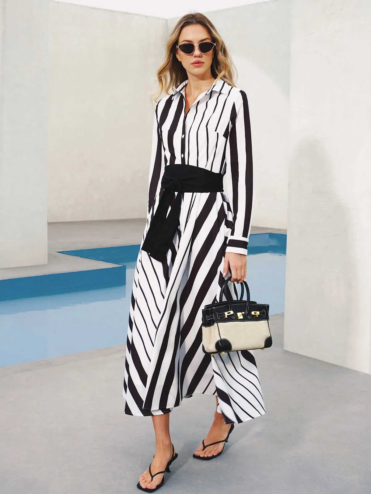 Striped Belted Shirt Midi Dress sold by COMMENSE product image thumbnail 5