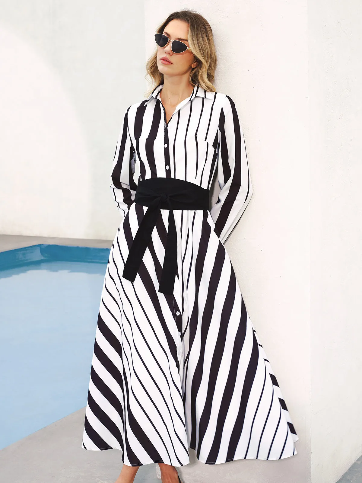 Striped Belted Shirt Midi Dress sold by COMMENSE product image thumbnail 2