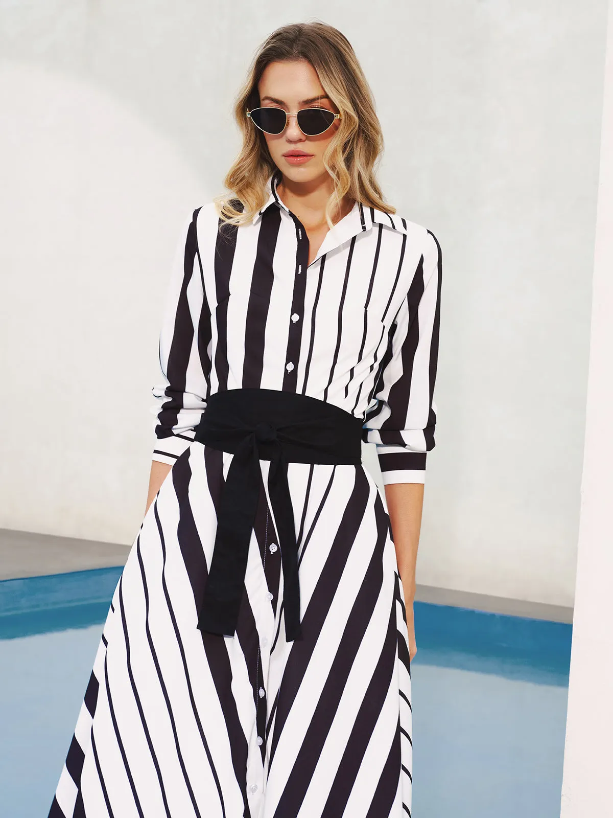 Striped Belted Shirt Midi Dress sold by COMMENSE product image thumbnail 3