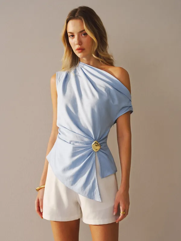 One-Shoulder Linen Blend Buckle Blouse sold by COMMENSE