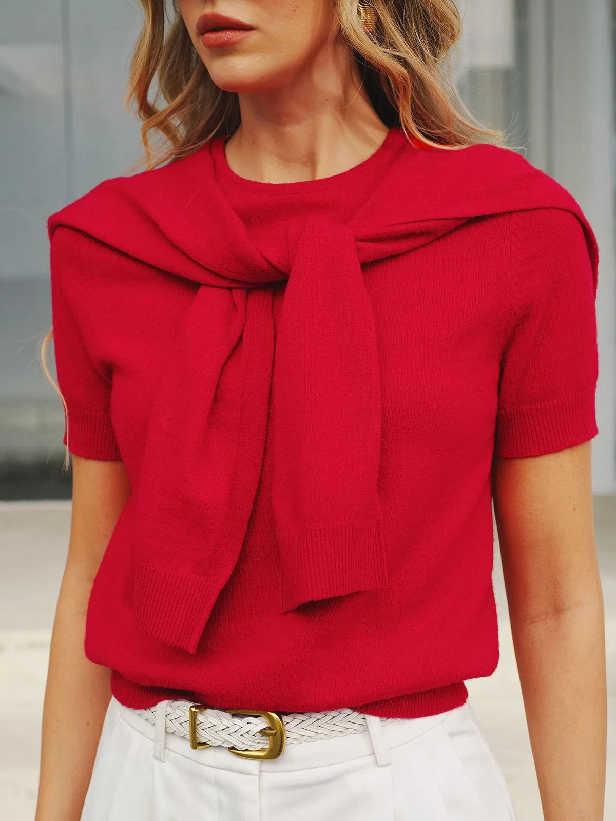 Wool Blend Scarf Detail Knit Short Sleeve Top sold by COMMENSE product image thumbnail 5