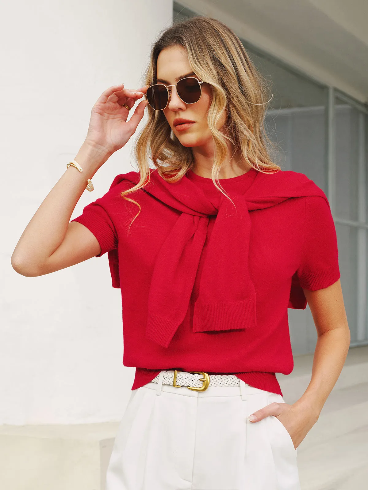 Wool Blend Scarf Detail Knit Short Sleeve Top sold by COMMENSE product image thumbnail 2