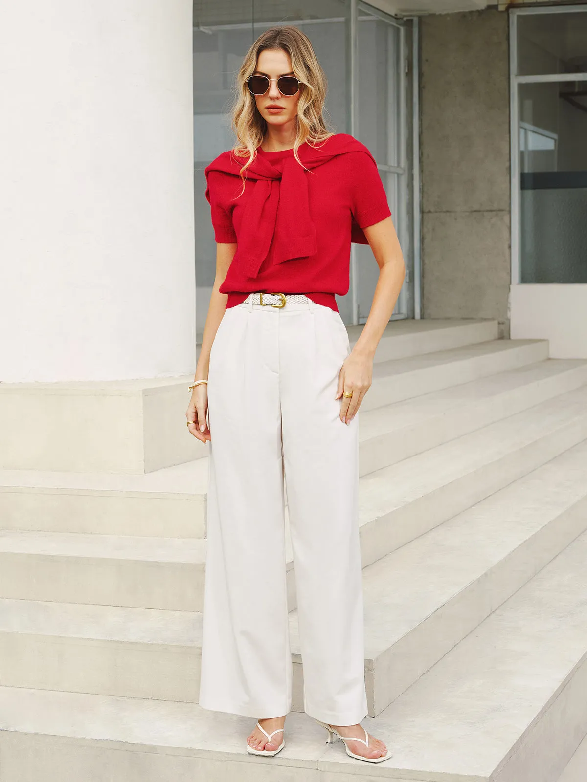 Wool Blend Scarf Detail Knit Short Sleeve Top sold by COMMENSE product image thumbnail 3