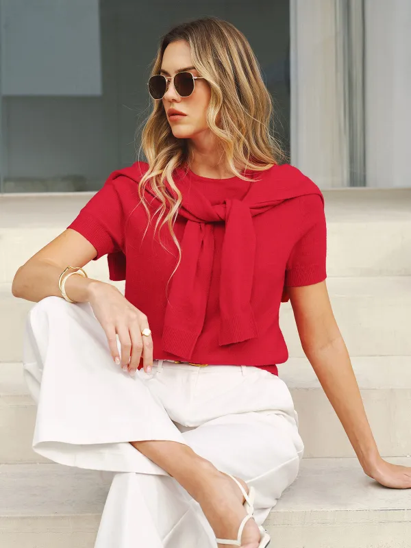 Wool Blend Scarf Detail Knit Short Sleeve Top sold by COMMENSE