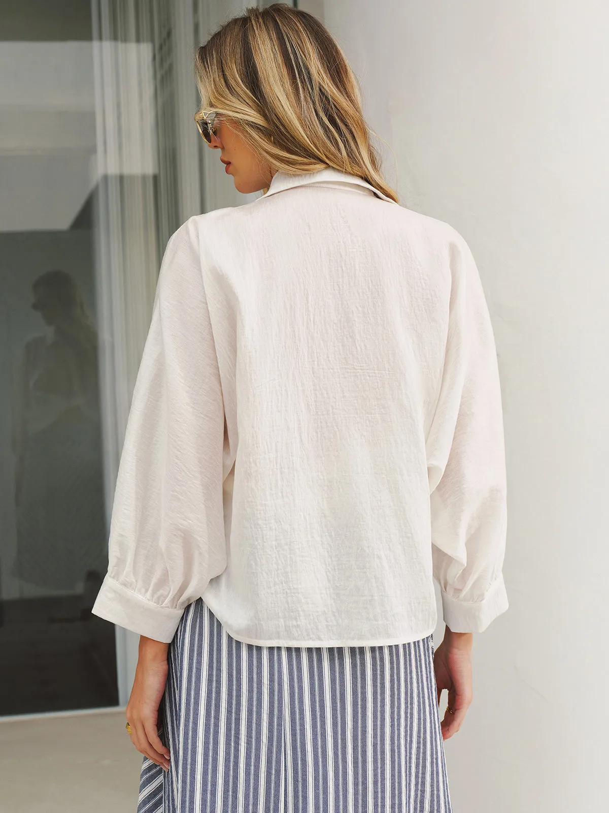 Twist Front Balloon Sleeve Button-Down Shirt sold by COMMENSE product image thumbnail 5