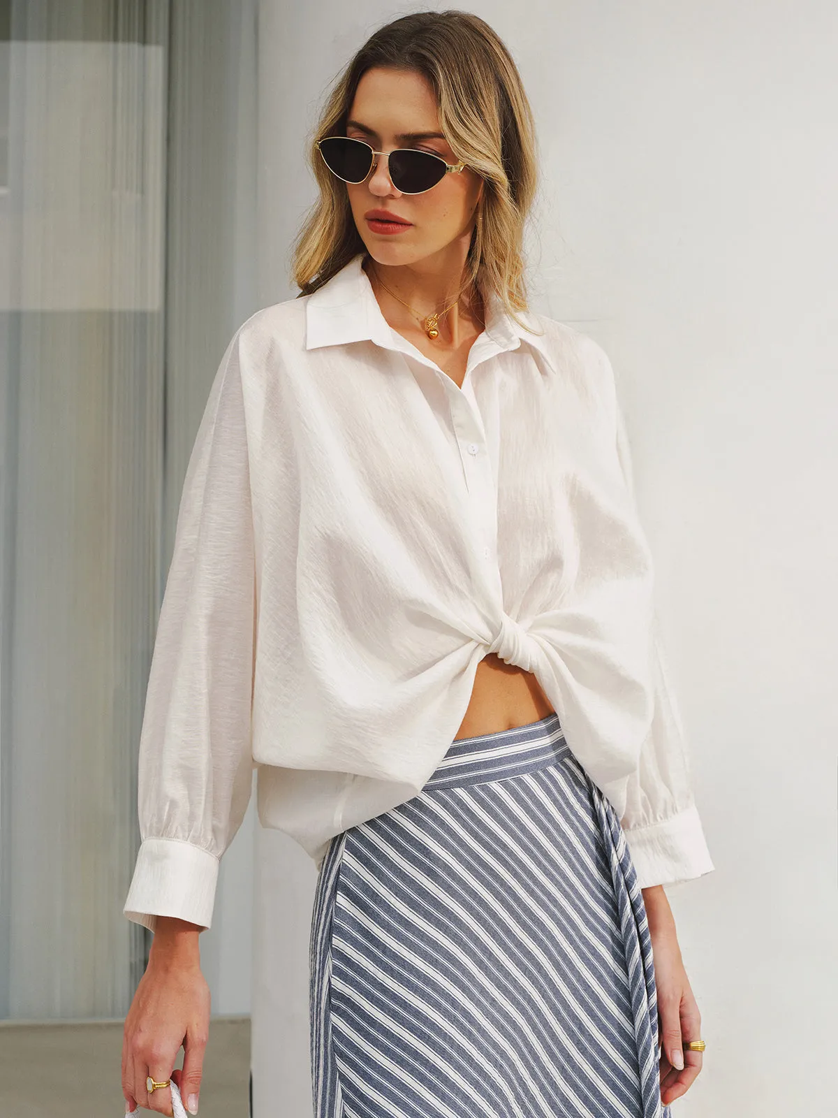 Twist Front Balloon Sleeve Button-Down Shirt sold by COMMENSE product image thumbnail 3