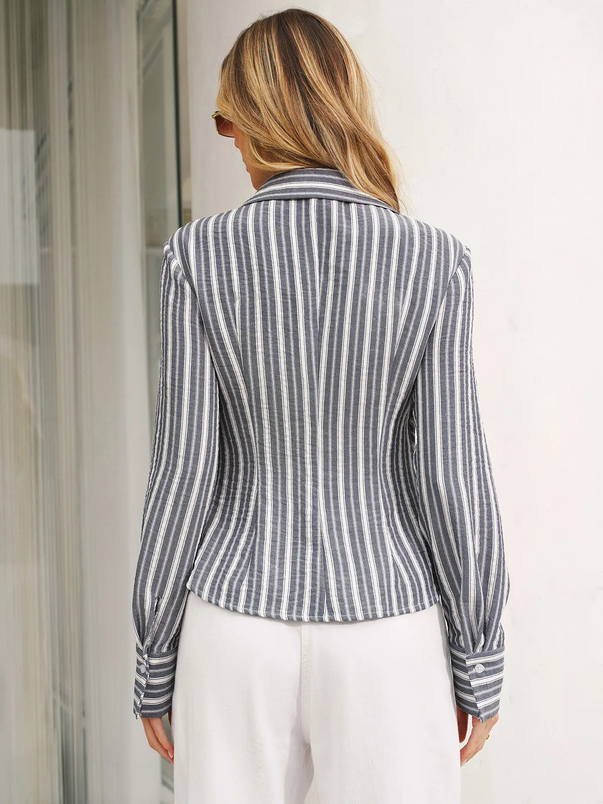 Striped Wrap V-Neck Shirt sold by COMMENSE product image thumbnail 5