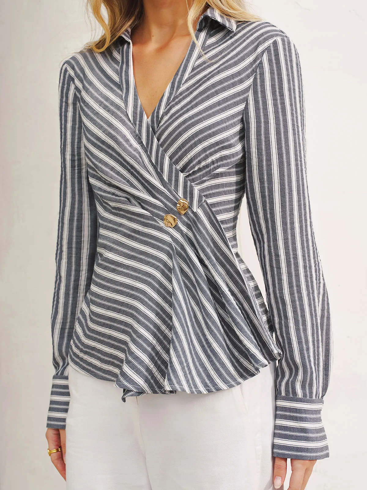 Striped Wrap V-Neck Shirt sold by COMMENSE product image thumbnail 2