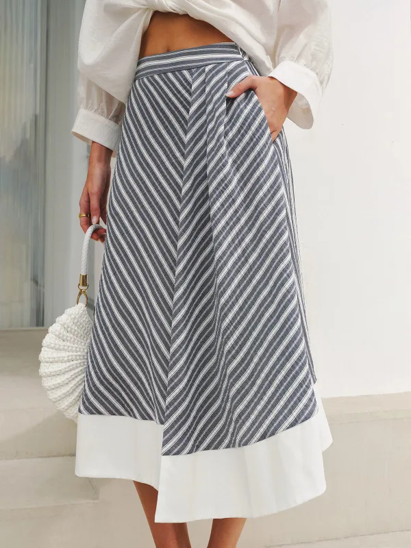 Pocket Detail Striped Midi Skirt sold by COMMENSE