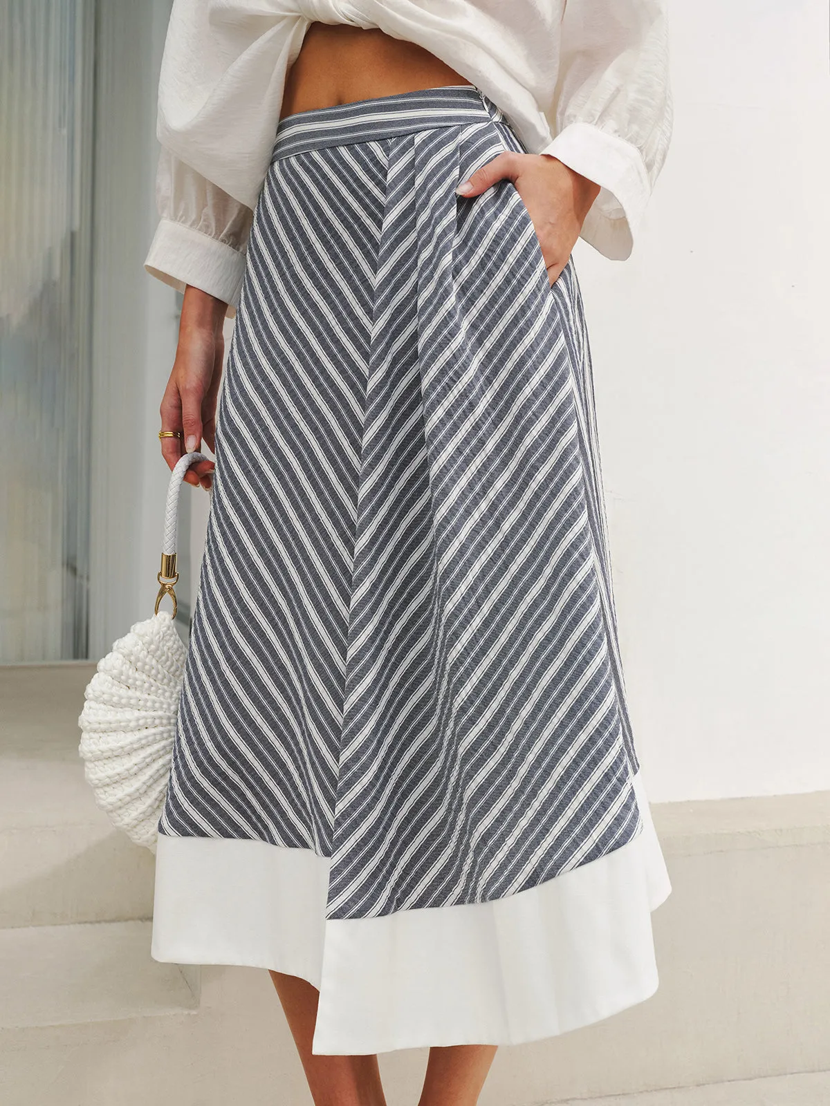 Pocket Detail Striped Midi Skirt sold by COMMENSE