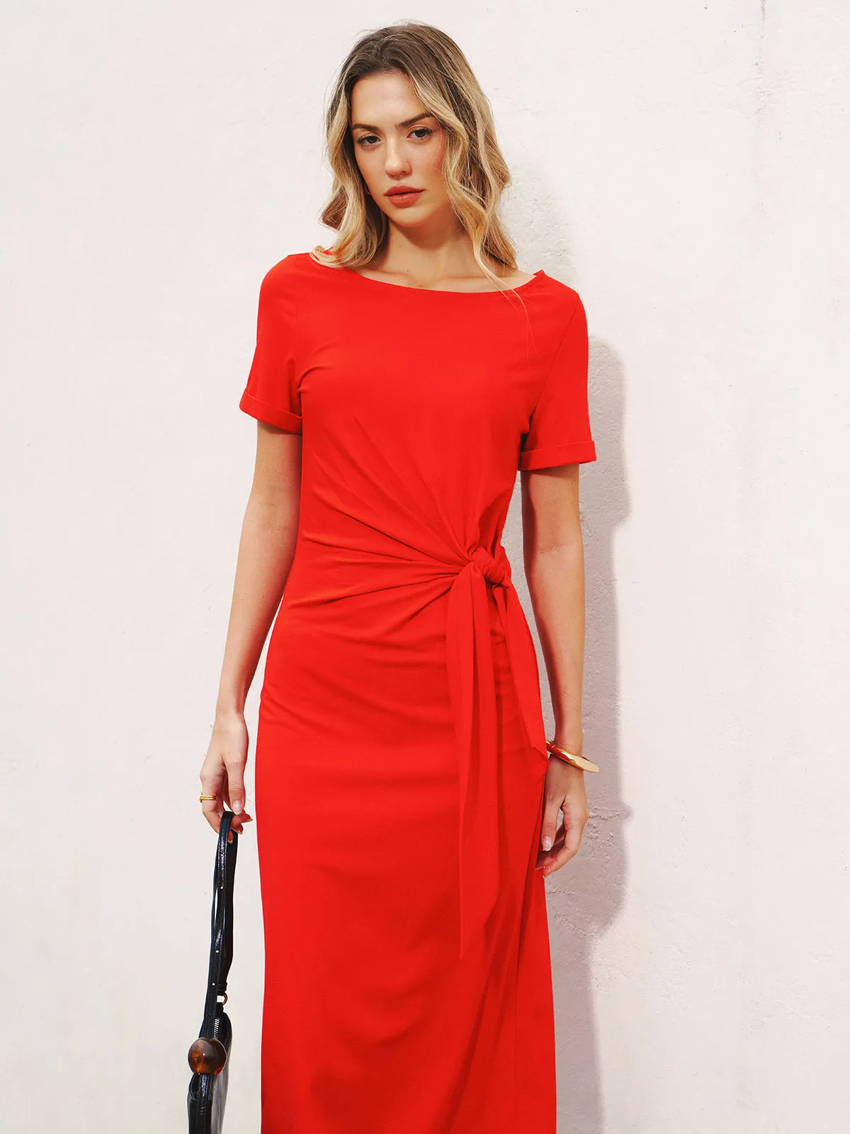 Short Sleeve Knot-Waist Midi Dress sold by COMMENSE product image thumbnail 4