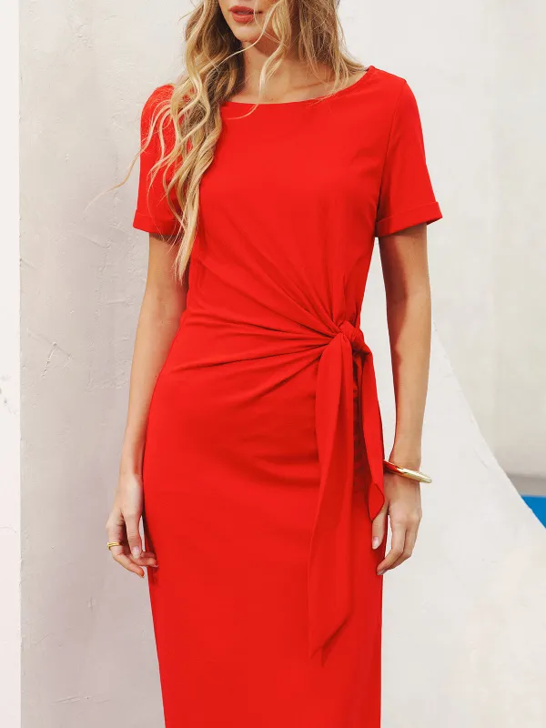 Short Sleeve Knot-Waist Midi Dress sold by COMMENSE