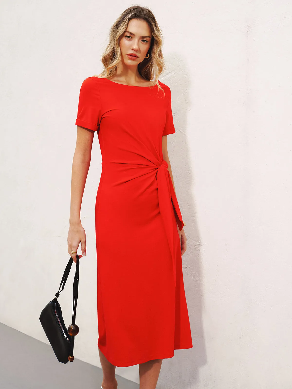 Short Sleeve Knot-Waist Midi Dress sold by COMMENSE product image thumbnail 2