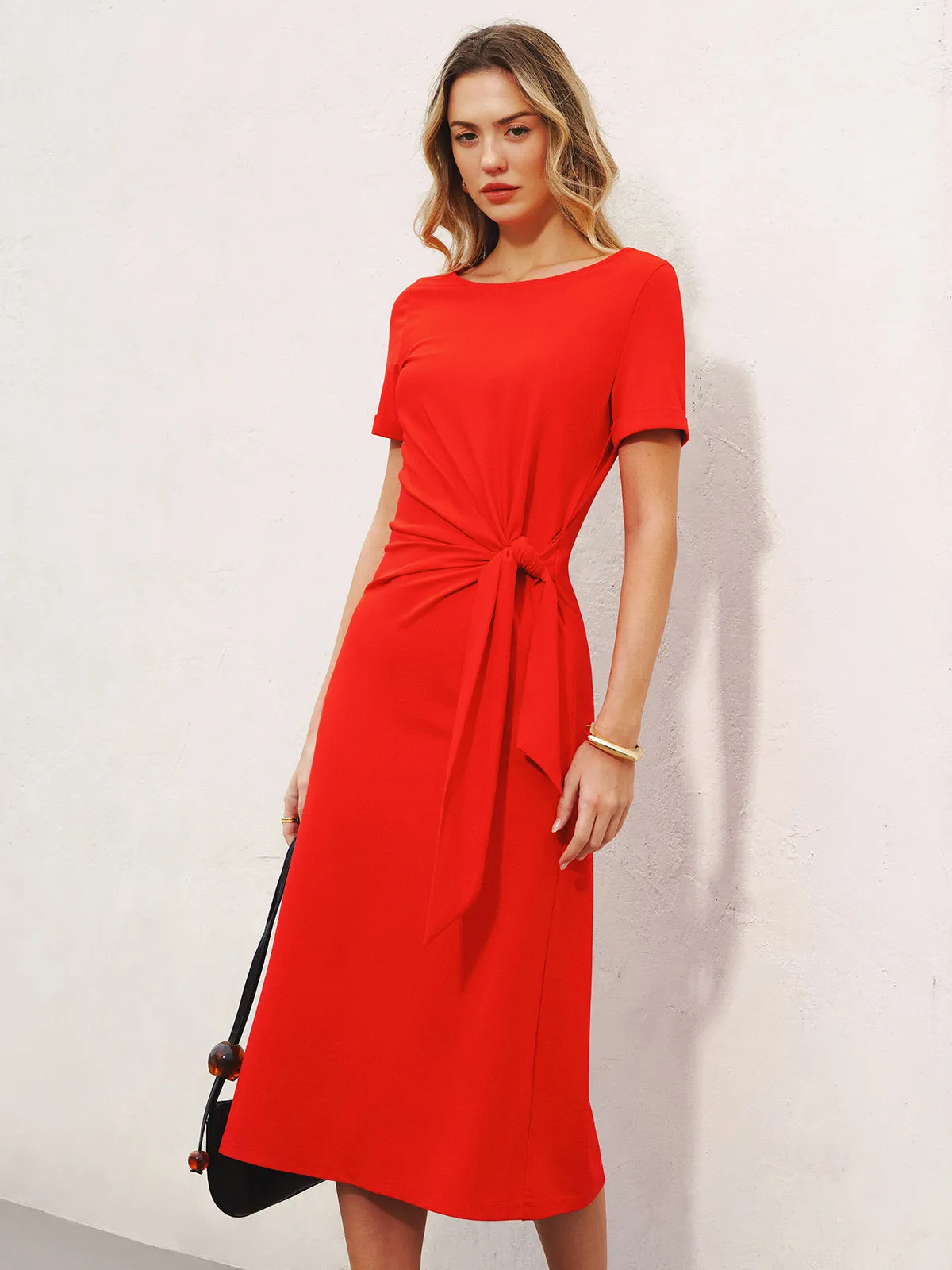 Short Sleeve Knot-Waist Midi Dress sold by COMMENSE product image thumbnail 3