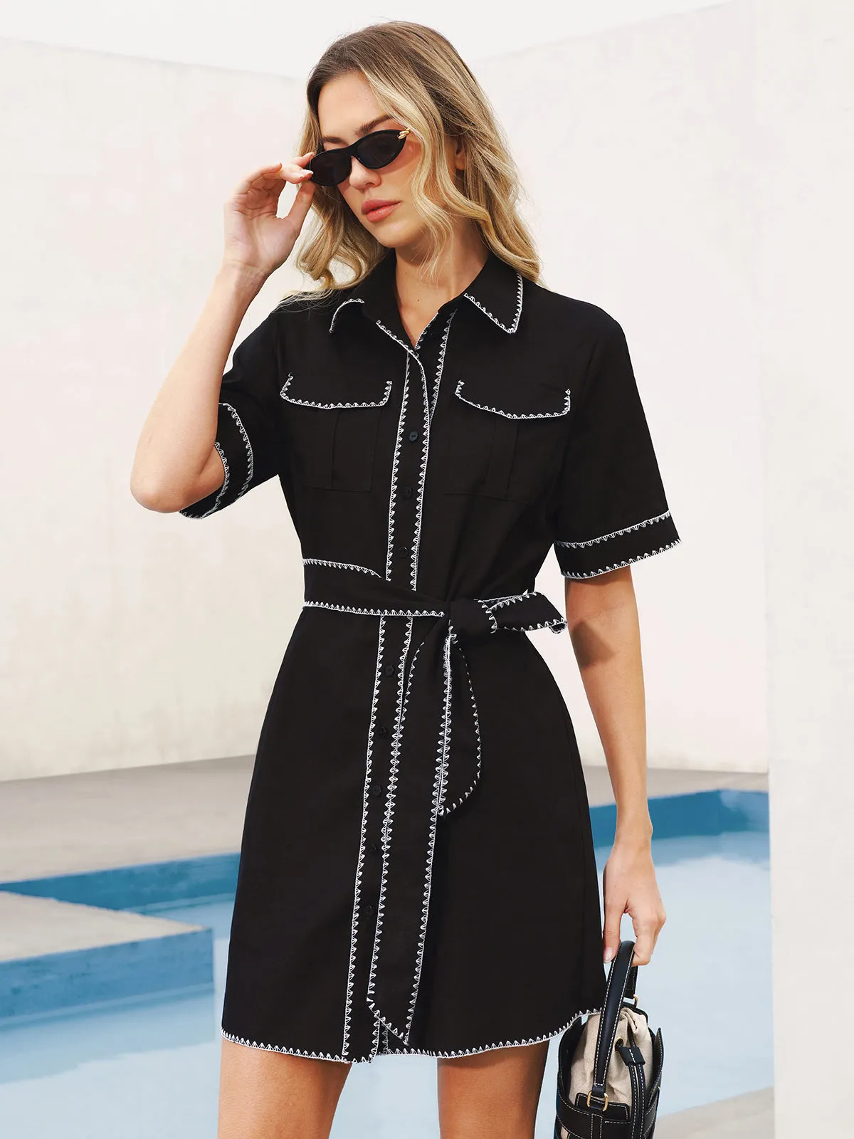 Contrast Stitch Belted Shirt Dress sold by COMMENSE product image thumbnail 3
