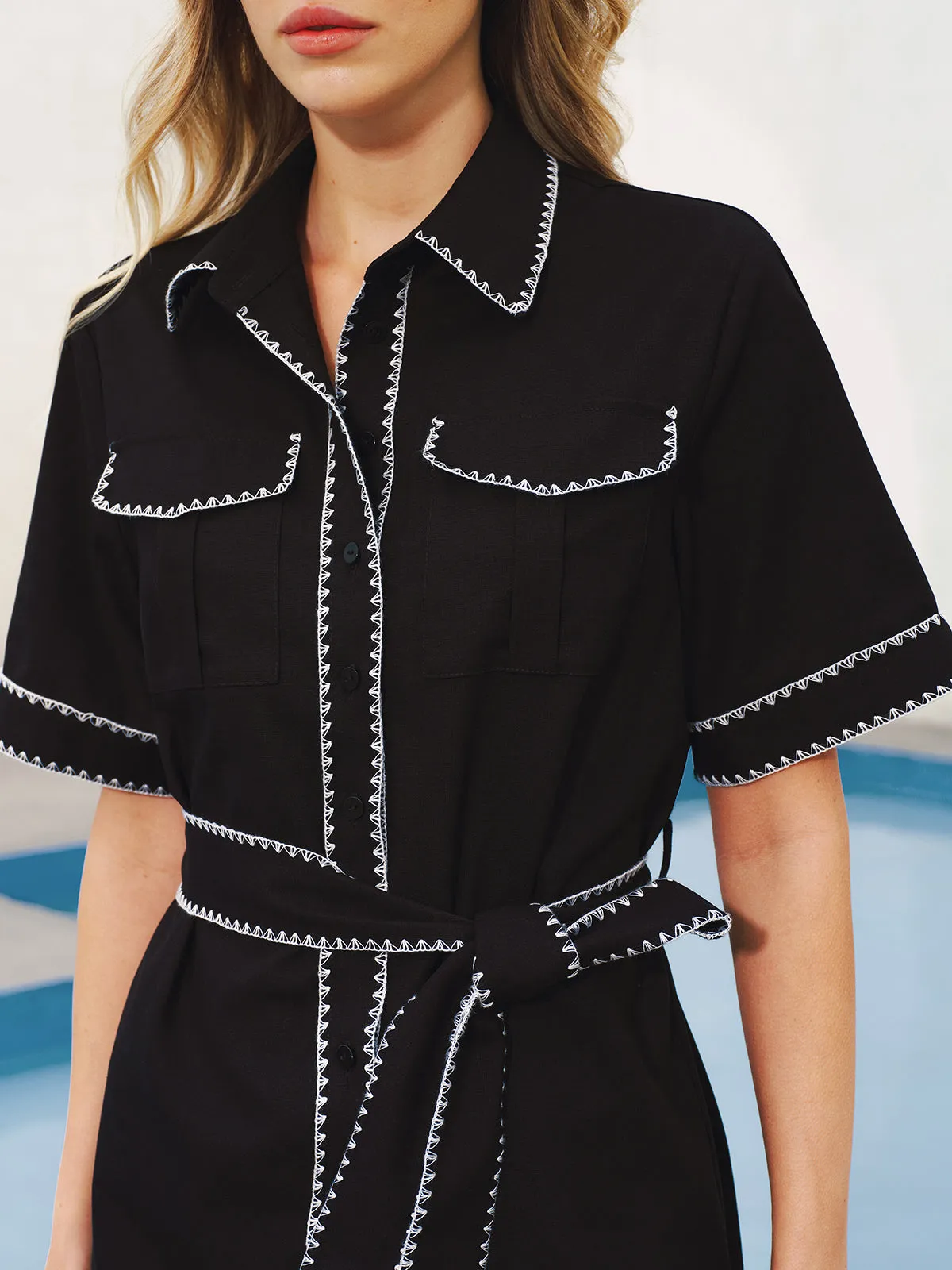 Contrast Stitch Belted Shirt Dress sold by COMMENSE product image thumbnail 4
