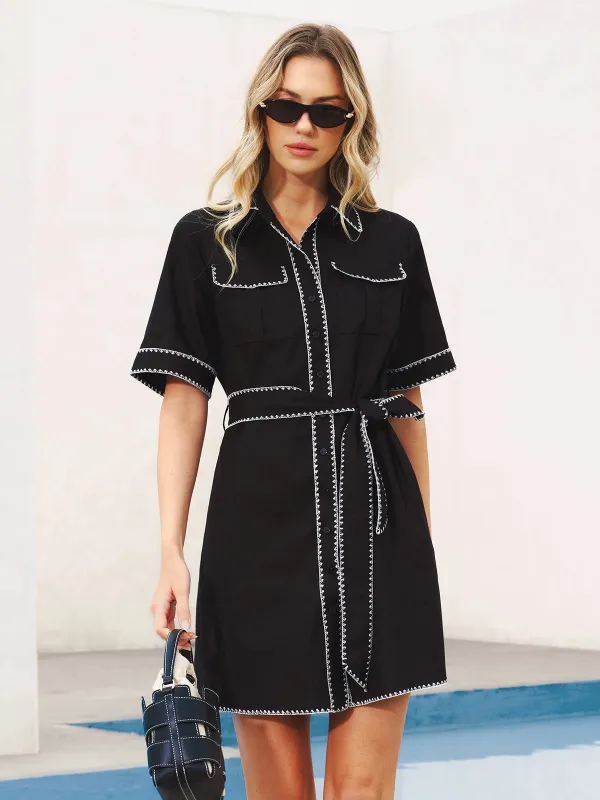 Contrast Stitch Belted Shirt Dress sold by COMMENSE