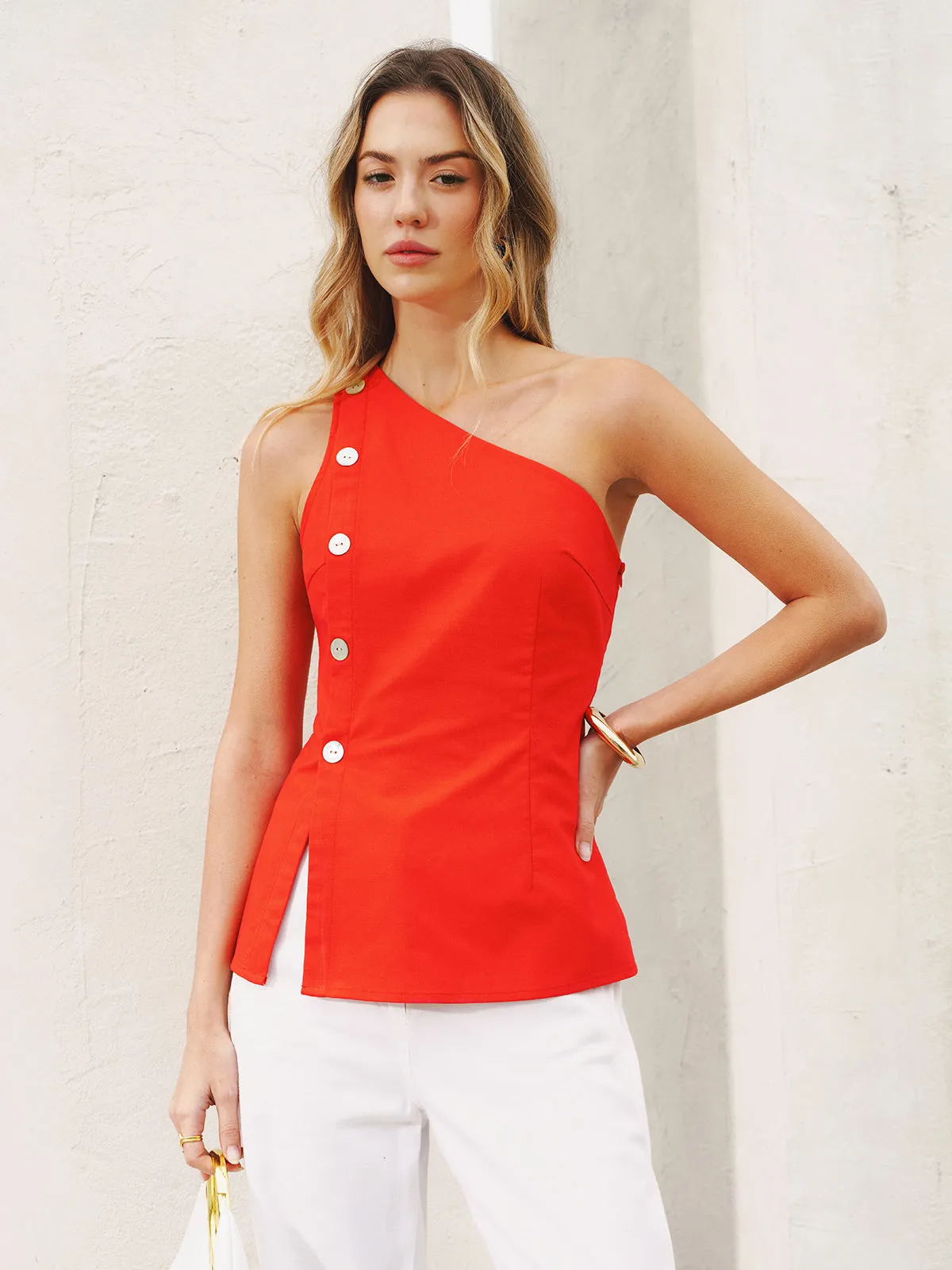 One-Shoulder Button Detail Linen-Blend Top sold by COMMENSE product image thumbnail 2