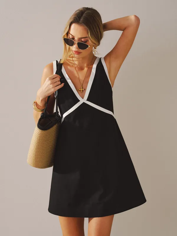 Contrast Trim V-Neck Linen-Blend Mini Dress sold by COMMENSE
