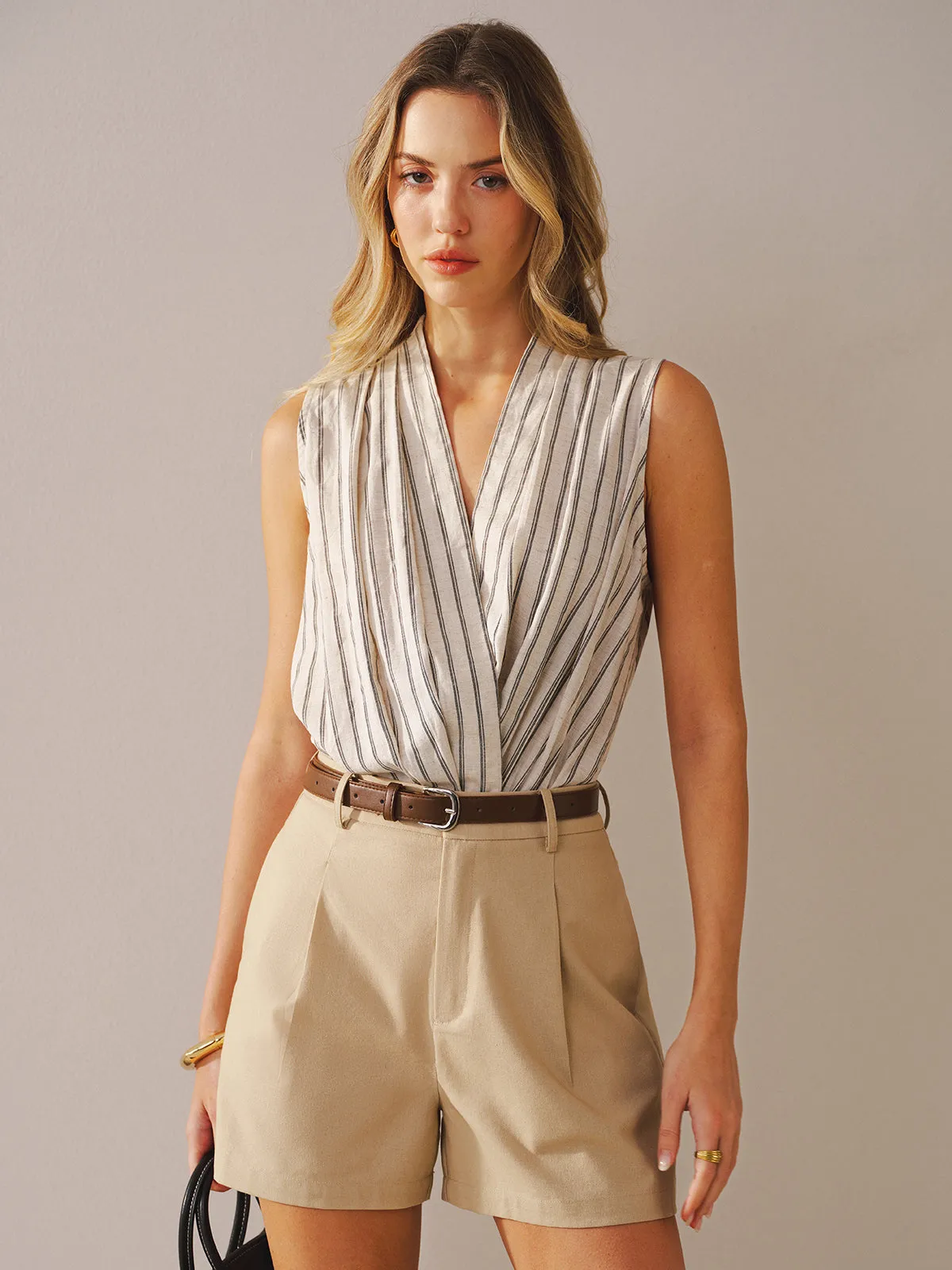 Cotton Linen Striped Sleeveless Wrap Bodysuit sold by COMMENSE