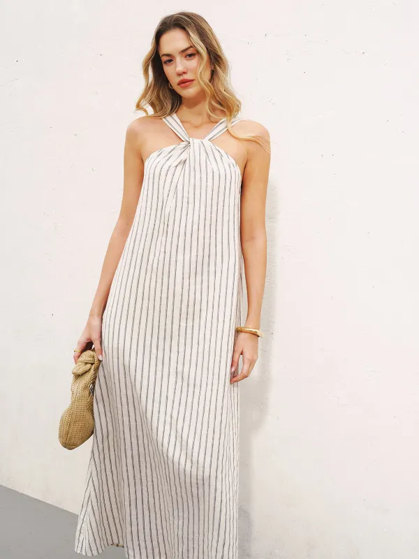 Halter Striped Cotton-Linen Maxi Dress made by COMMENSE