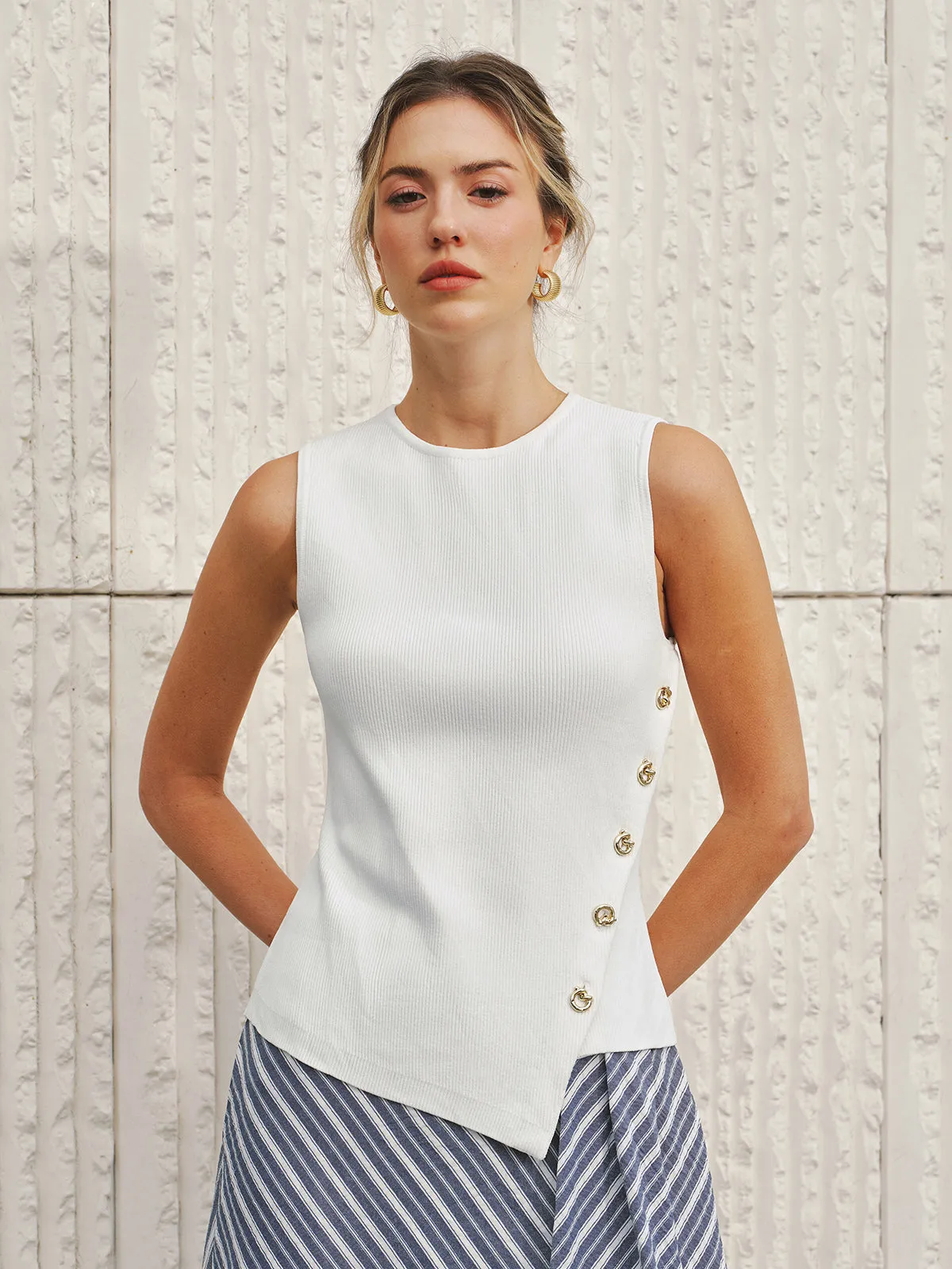 Ribbed Sleeveless Buttoned Asymmetric Top sold by COMMENSE product image thumbnail 4