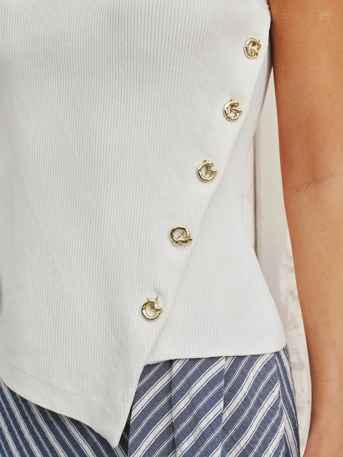 Ribbed Sleeveless Buttoned Asymmetric Top sold by COMMENSE product image thumbnail 5