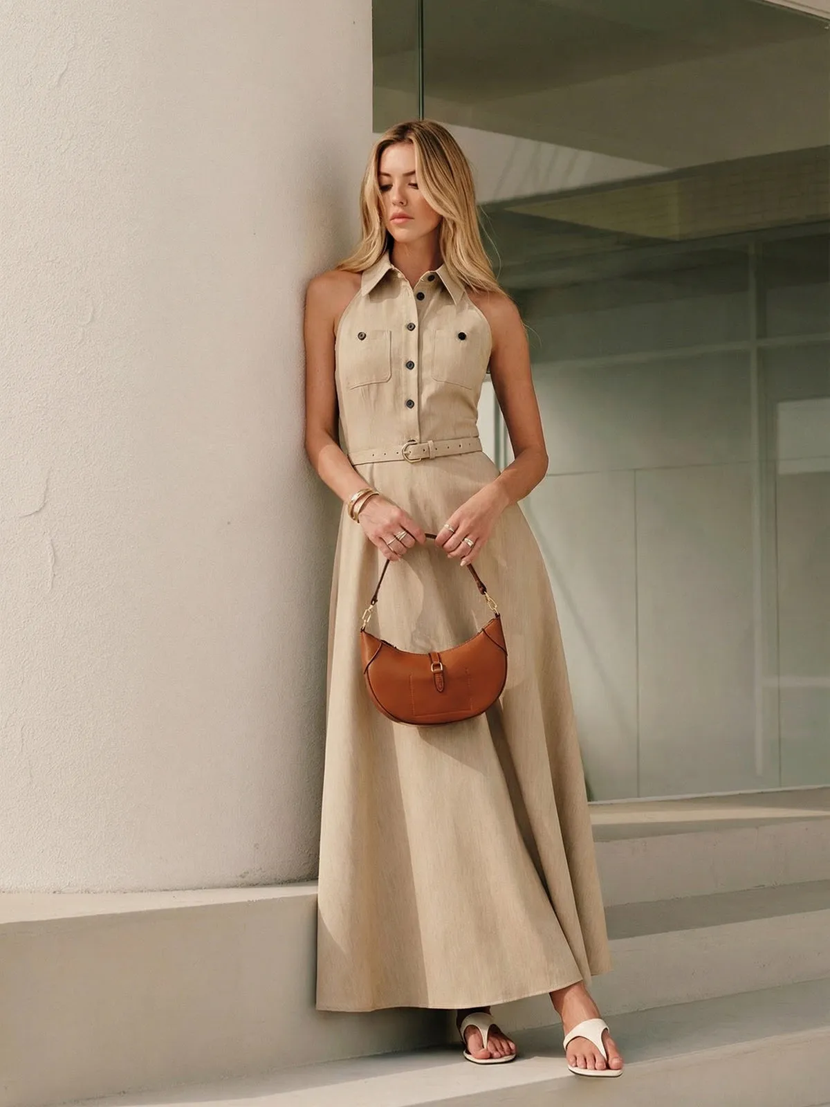 Collared Halter Backless Belted Maxi Dress sold by COMMENSE