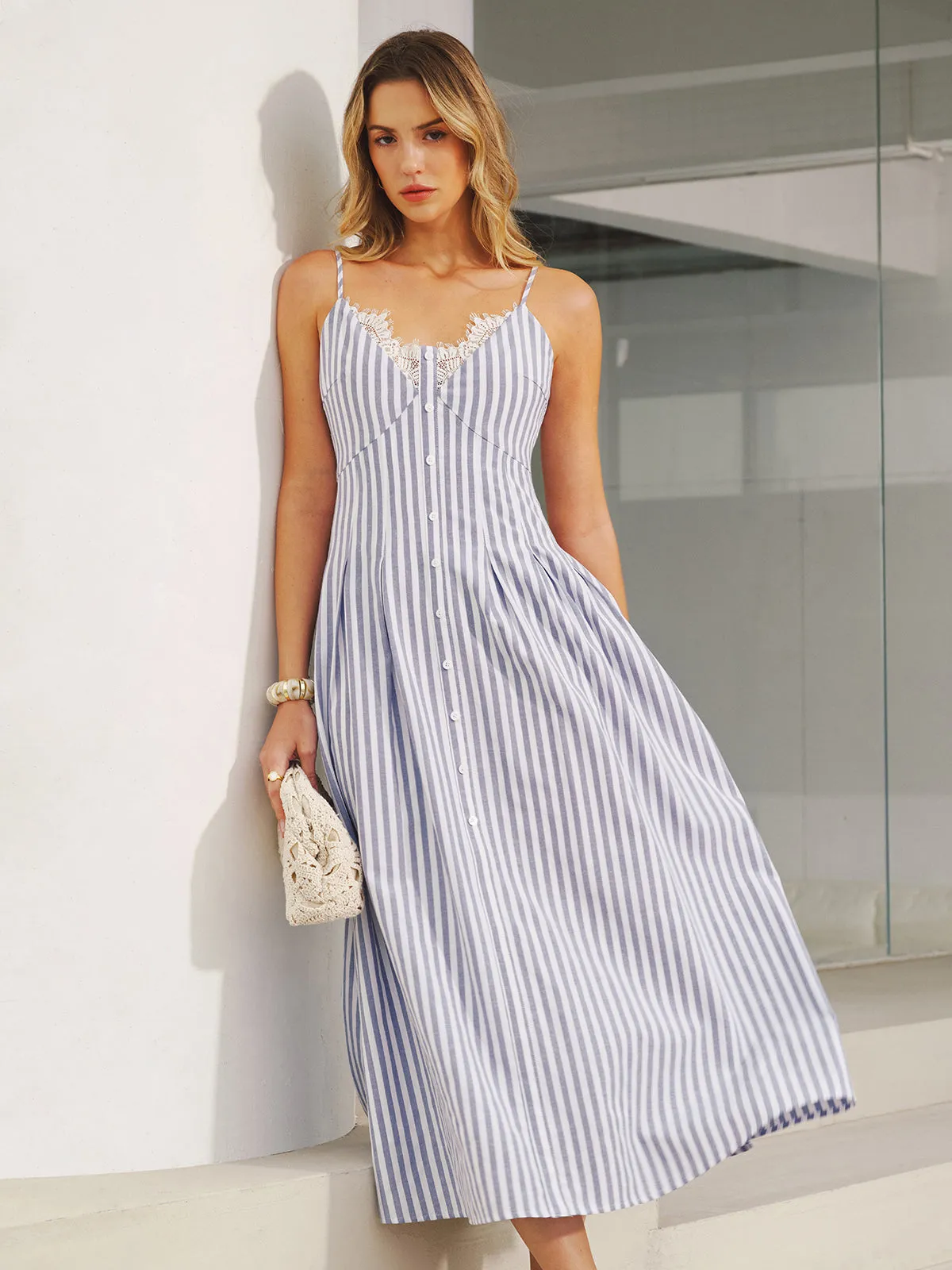 Lace Trim Striped Cami Maxi Dress sold by COMMENSE product image thumbnail 3