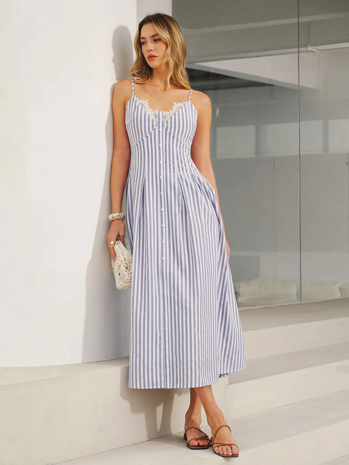 Lace Trim Striped Cami Maxi Dress sold by COMMENSE product image thumbnail 4