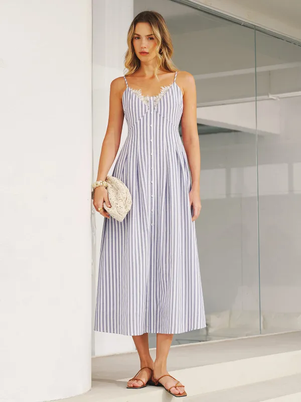 Lace Trim Striped Cami Maxi Dress sold by COMMENSE