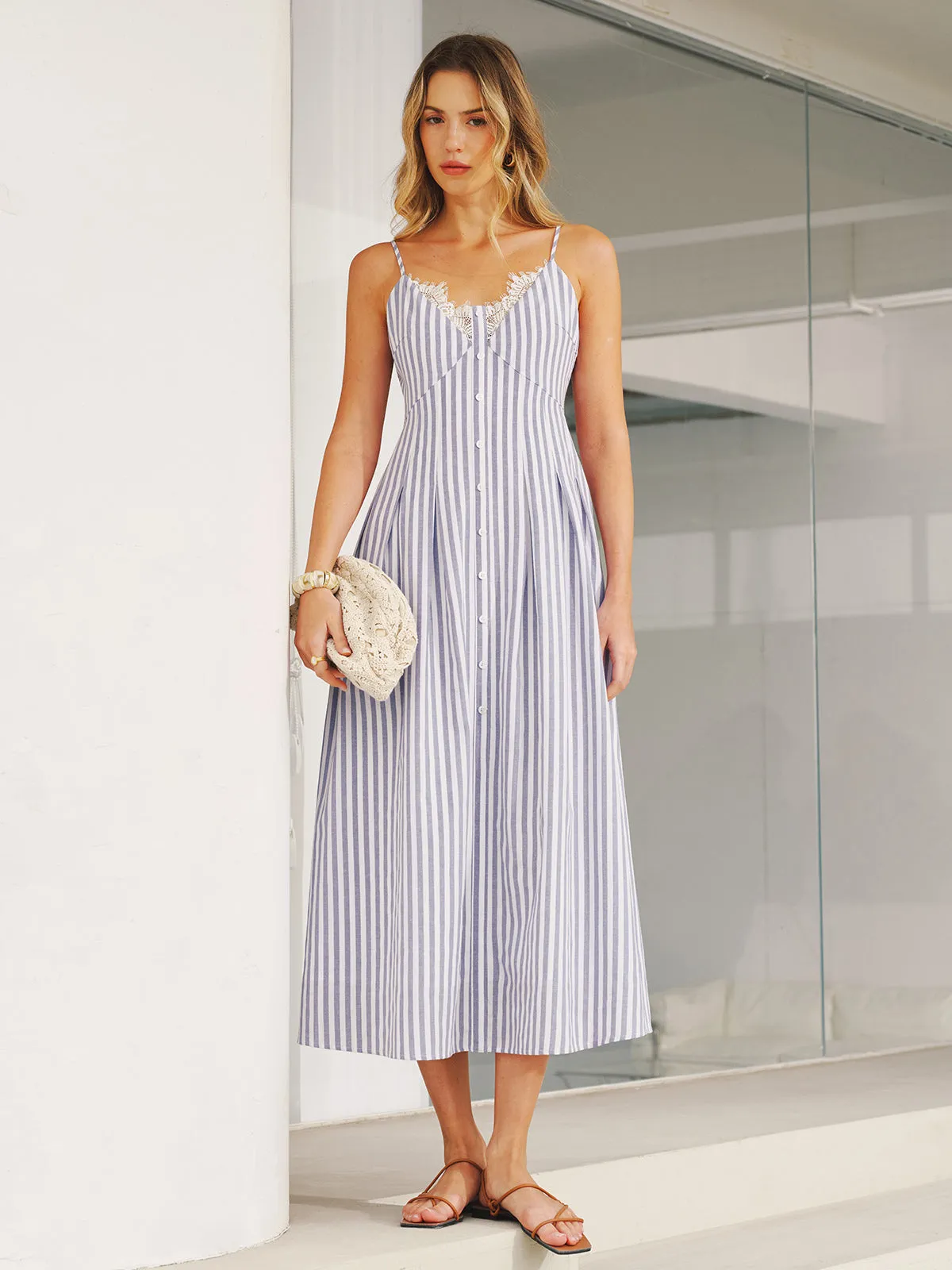 Lace Trim Striped Cami Maxi Dress sold by COMMENSE