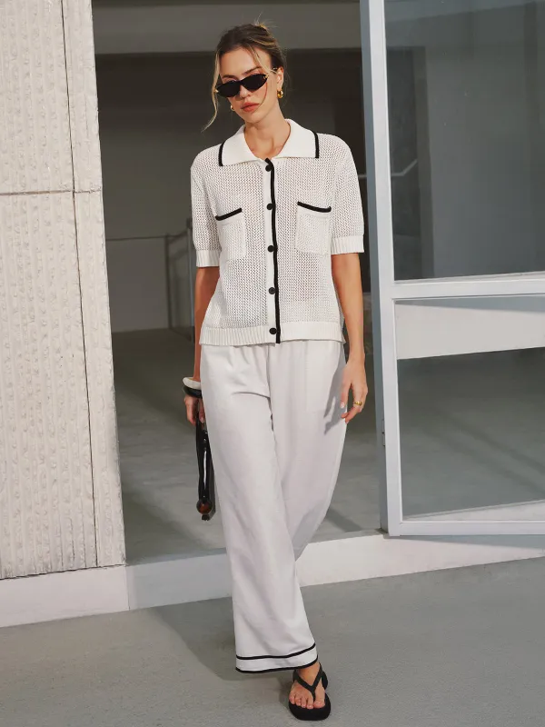 Collared Contrast Trim Open Knit Cardigan sold by COMMENSE