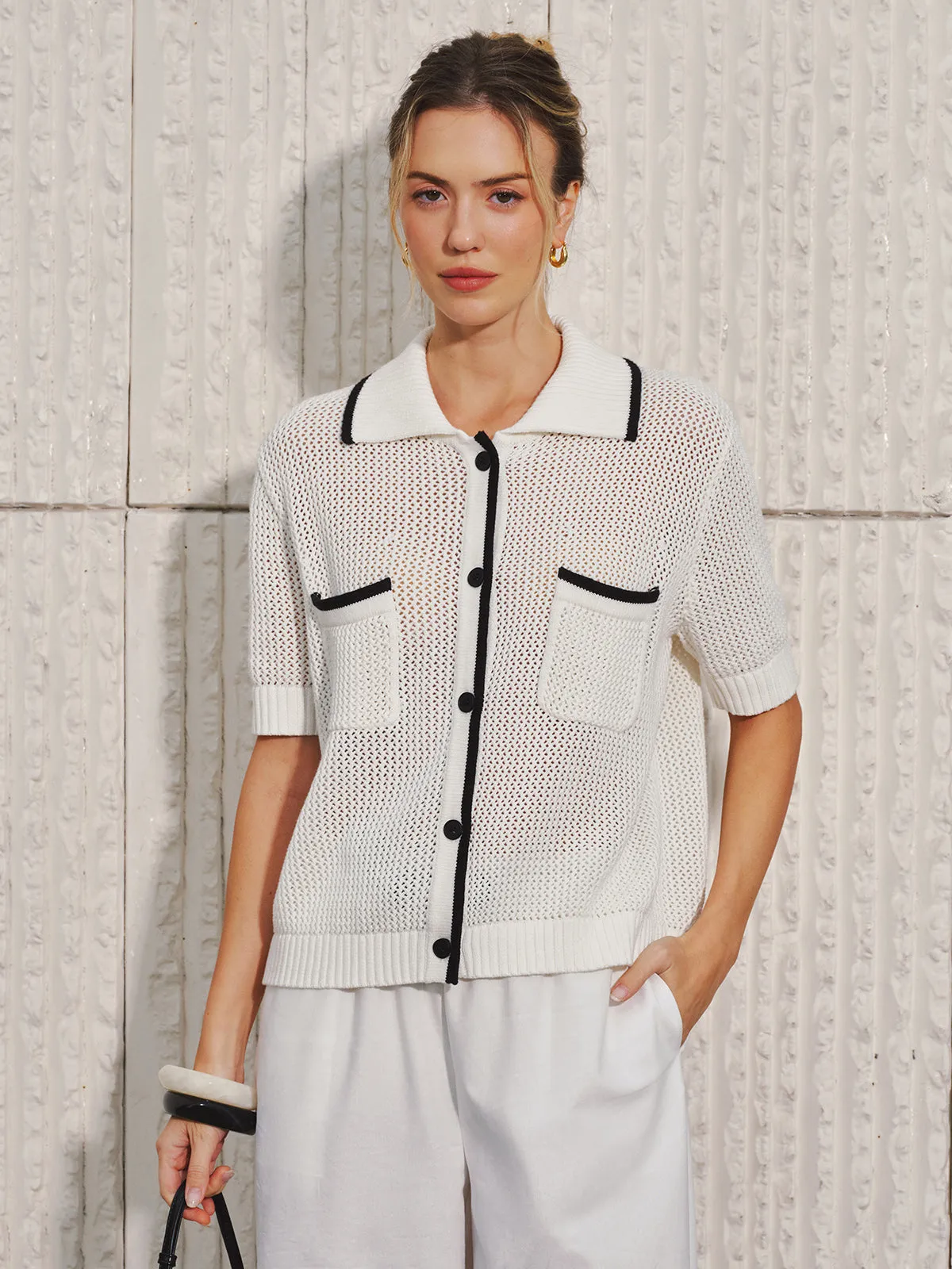 Collared Contrast Trim Open Knit Cardigan sold by COMMENSE product image thumbnail 2