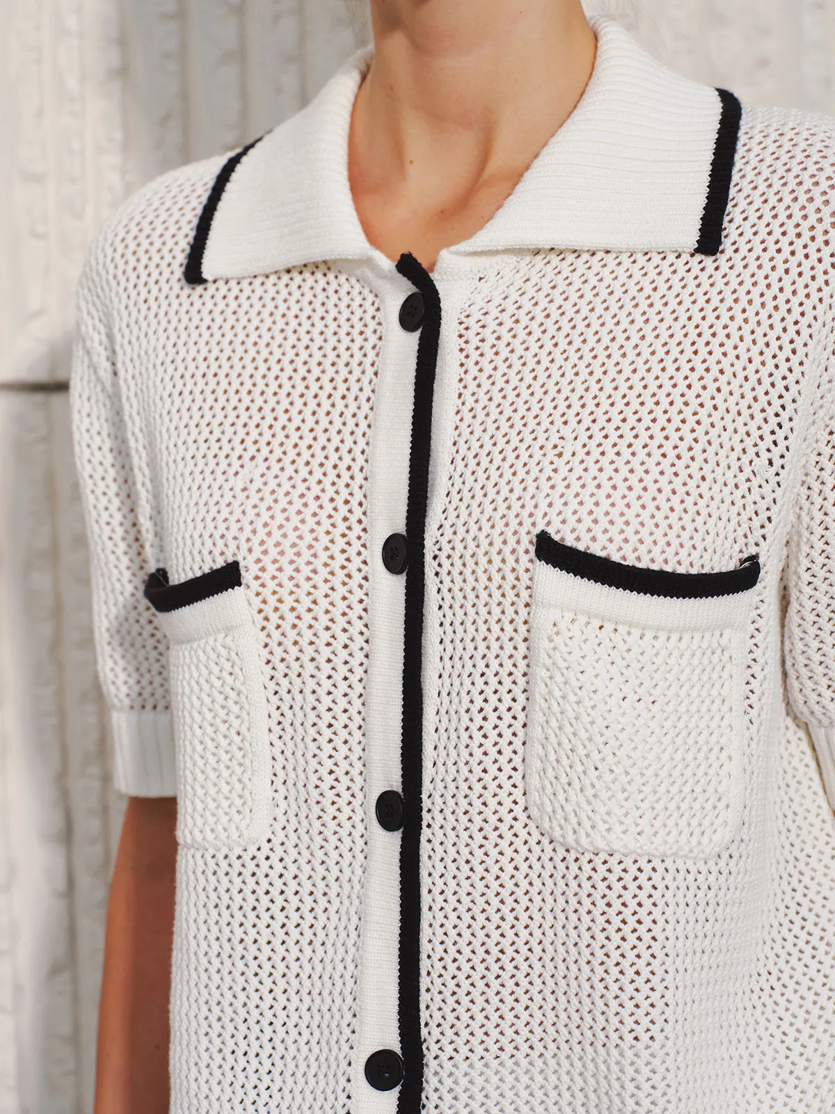 Collared Contrast Trim Open Knit Cardigan sold by COMMENSE product image thumbnail 3