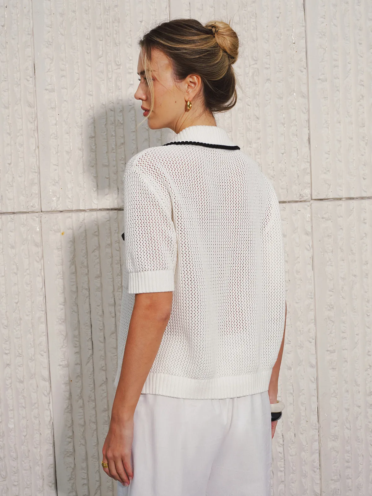 Collared Contrast Trim Open Knit Cardigan sold by COMMENSE product image thumbnail 4