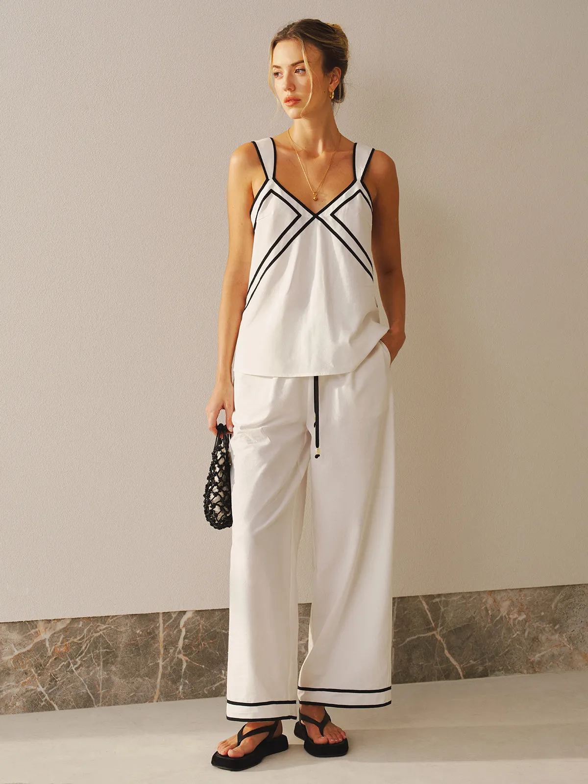 Contrast Trim Cami Top & Wide Leg Pants Set sold by COMMENSE product image thumbnail 4