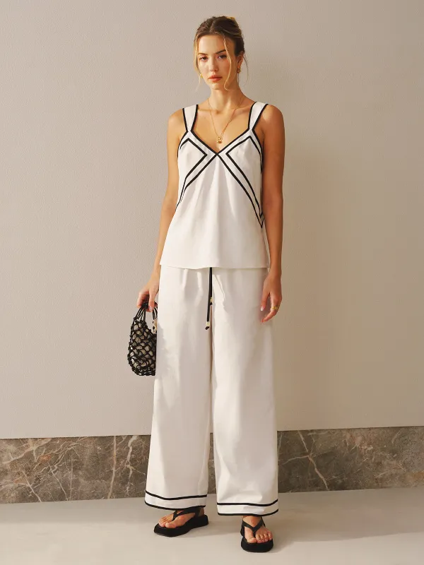 Contrast Trim Cami Top & Wide Leg Pants Set sold by COMMENSE