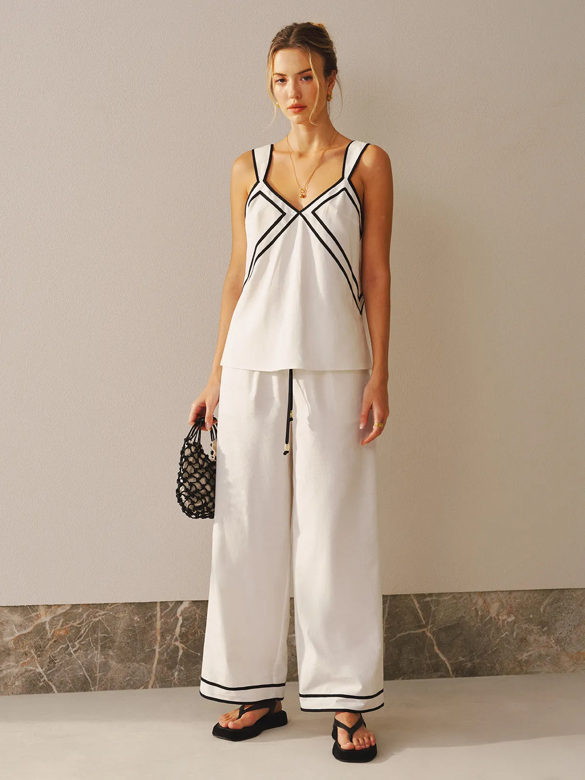 Contrast Trim Cami Top & Wide Leg Pants Set sold by COMMENSE