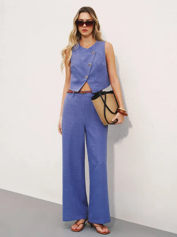 Sleeveless Button Top & Wide-Leg Pants Set sold by COMMENSE
